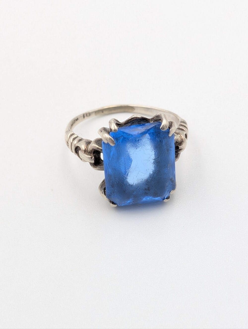 Antique Art Deco 925 sterling silver blue glass rhinestone ring - Picture 8 of 9